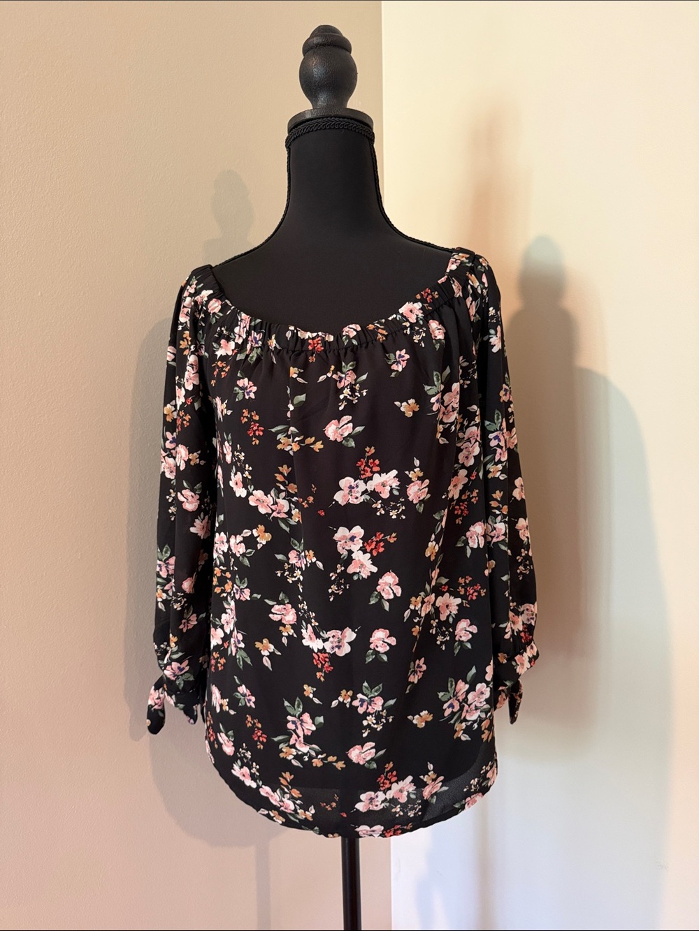 Black Floral Peasant Blouse with Pink Blossoms